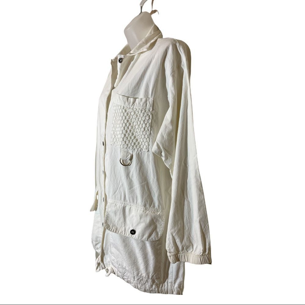 Vintage Obenna 1990s White Cotton Windbreaker Utility Jacket 3/4 Sleeves S - Picture 3 of 16